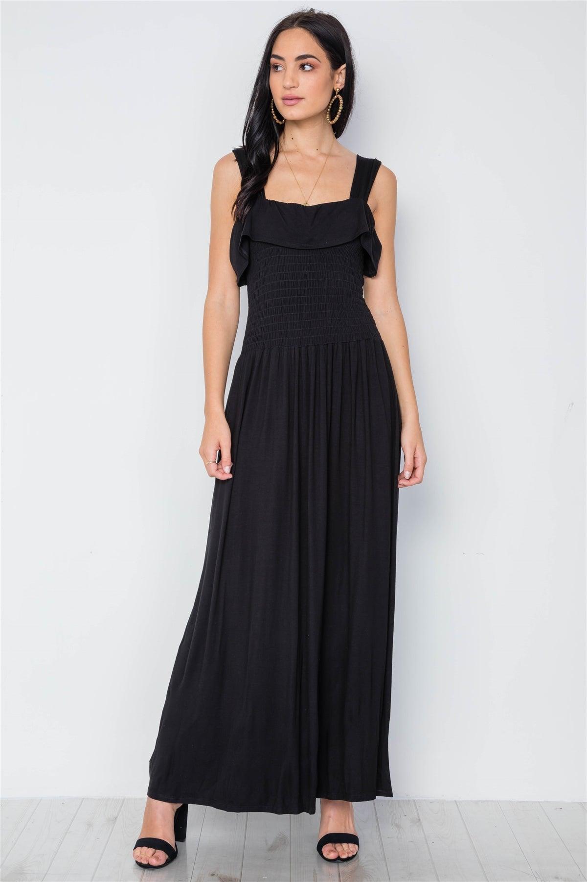 Black Solid Smocked Flawy Maxi Dress /3-2-1