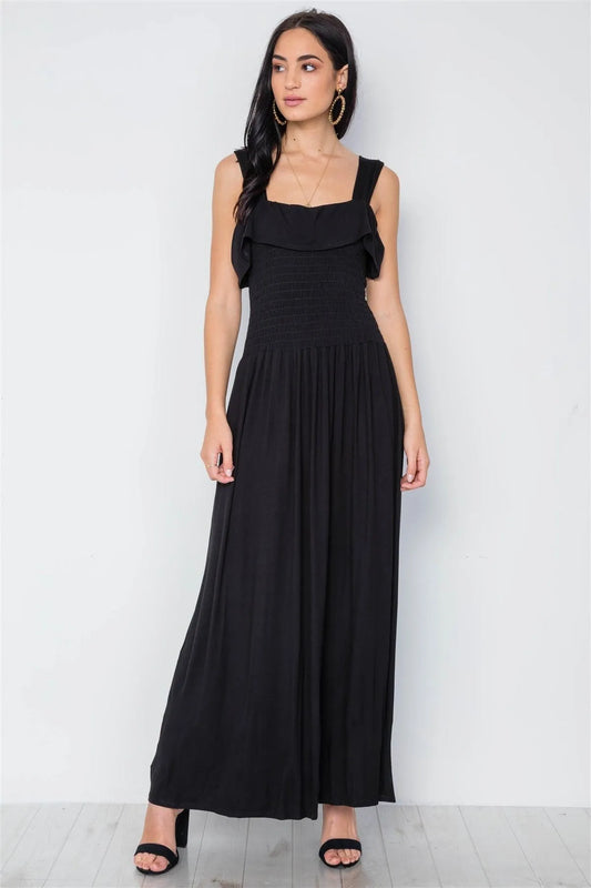 Black Solid Smocked Flawy Maxi Dress /3-2-1 - Tasha Apparel Wholesale