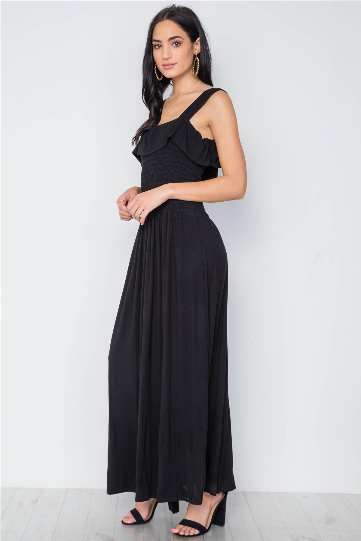 Black Solid Smocked Flawy Maxi Dress /3-2-1