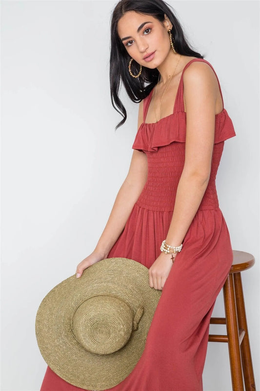 Rust Solid Smocked Flawy Maxi Dress /3-2-1 - Tasha Apparel Wholesale