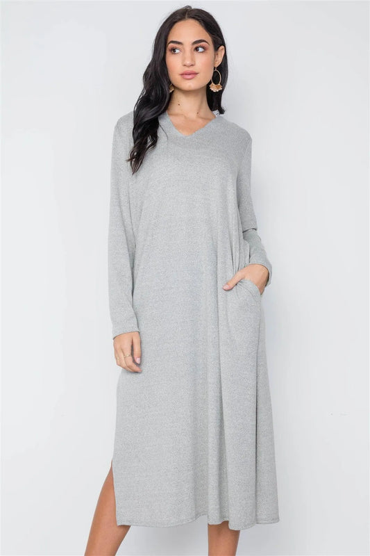 Grey Knit Long Sleeve V-Neck Hooded Midi Sweater Dress /2-1 - Tasha Apparel Wholesale