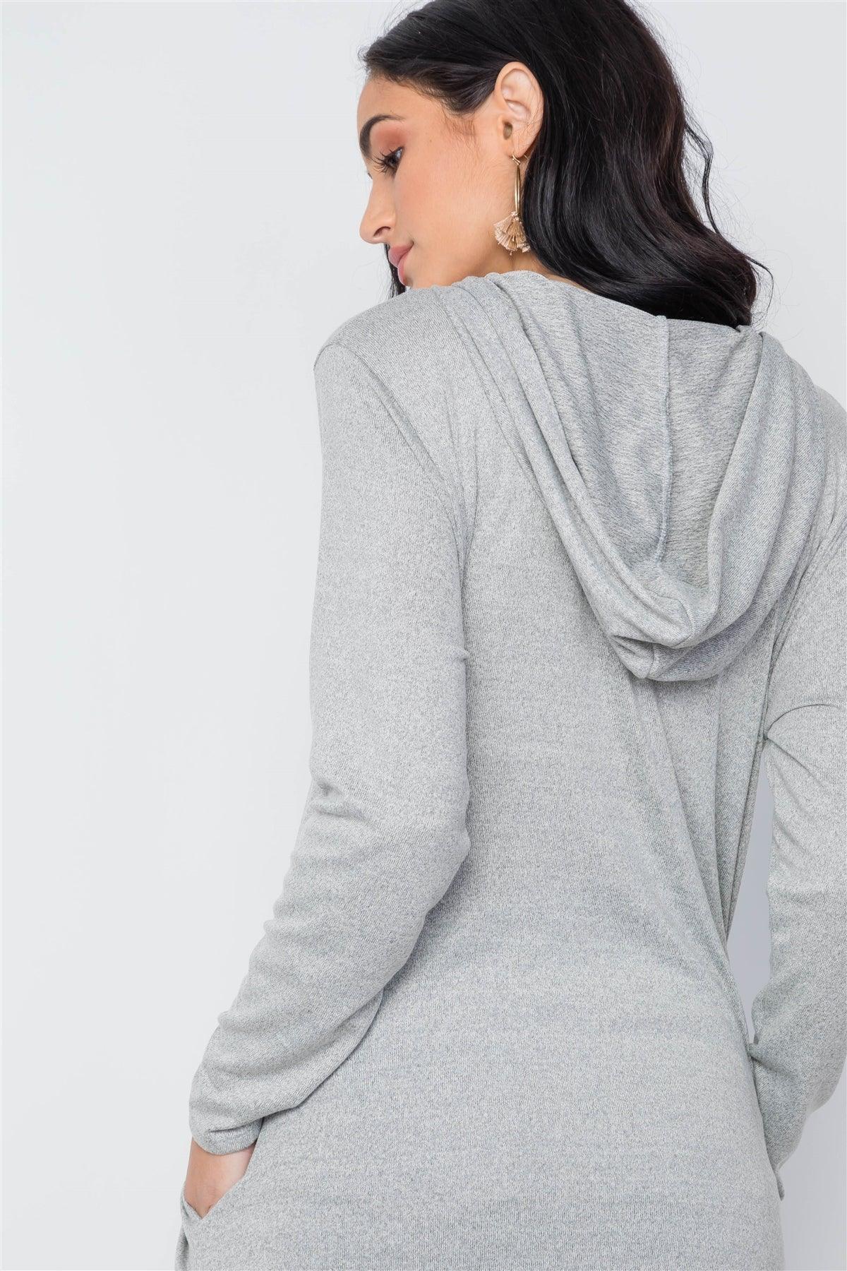 Grey Knit Long Sleeve V-Neck Hooded Midi Sweater Dress /2-1