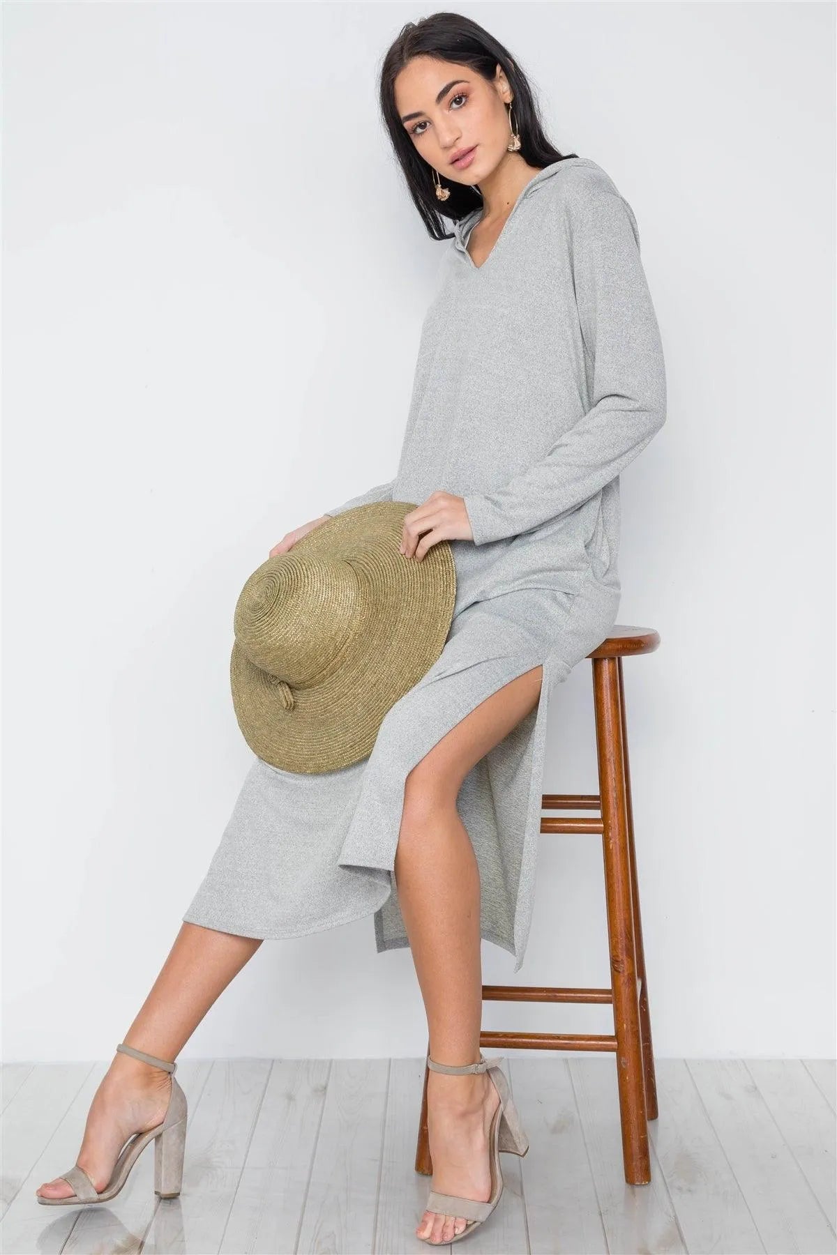 Grey Knit Long Sleeve V-Neck Hooded Midi Sweater Dress /3-2-1 - Tasha Apparel Wholesale