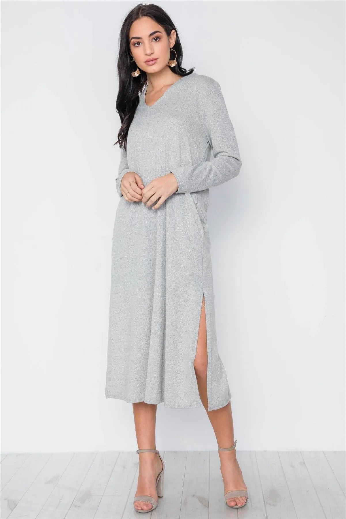 Grey Knit Long Sleeve V-Neck Hooded Midi Sweater Dress /3-2-1 - Tasha Apparel Wholesale