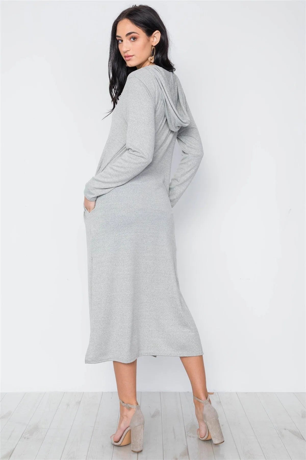Grey Knit Long Sleeve V-Neck Hooded Midi Sweater Dress /3-2-1 - Tasha Apparel Wholesale
