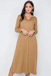 Mustard Knit Long Sleeve V-Neck Hooded Midi Sweater Dress /2-2-1 - Tasha Apparel Wholesale
