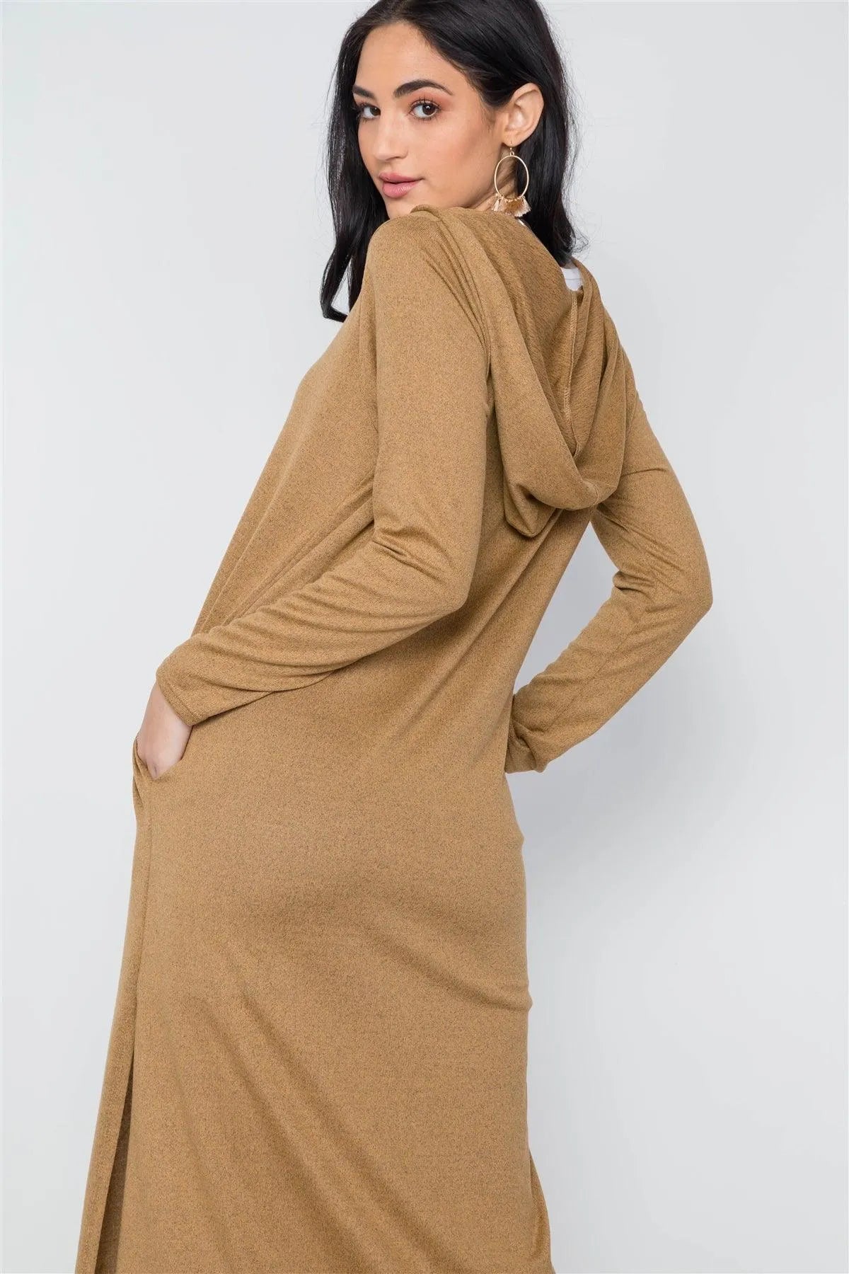 Mustard Knit Long Sleeve V-Neck Hooded Midi Sweater Dress /2-2-1 - Tasha Apparel Wholesale