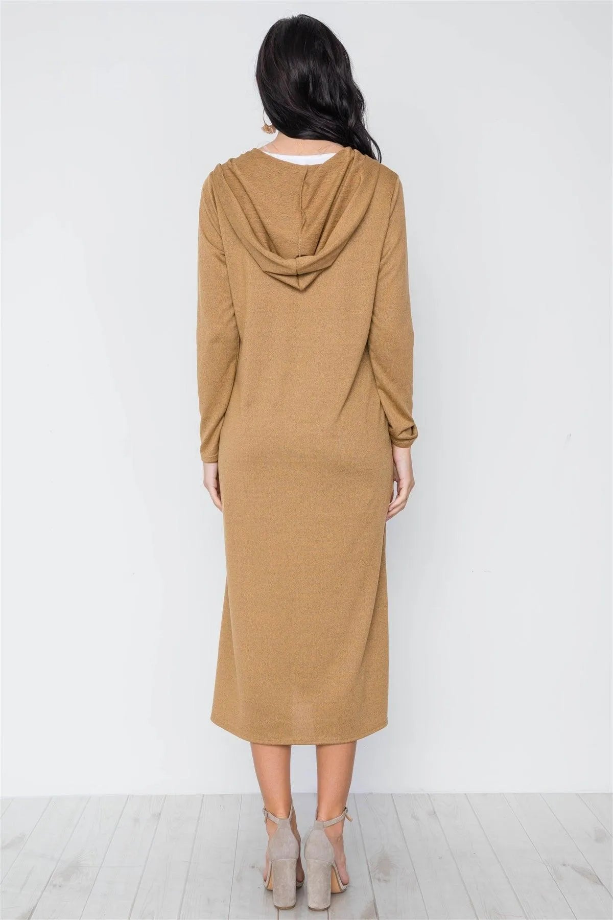 Mustard Knit Long Sleeve V-Neck Hooded Midi Sweater Dress /2-2-1 - Tasha Apparel Wholesale