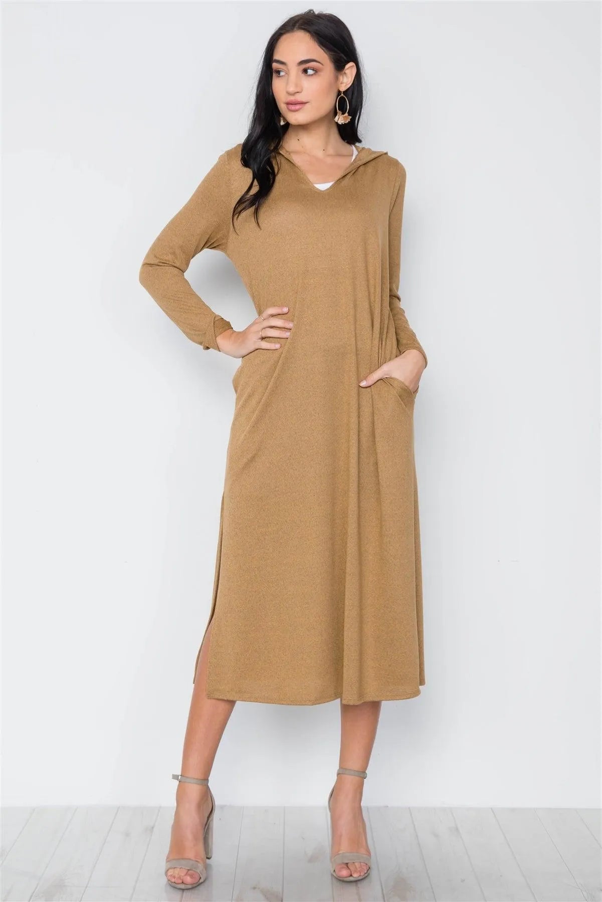 Mustard Knit Long Sleeve V-Neck Hooded Midi Sweater Dress /2-2-1 - Tasha Apparel Wholesale