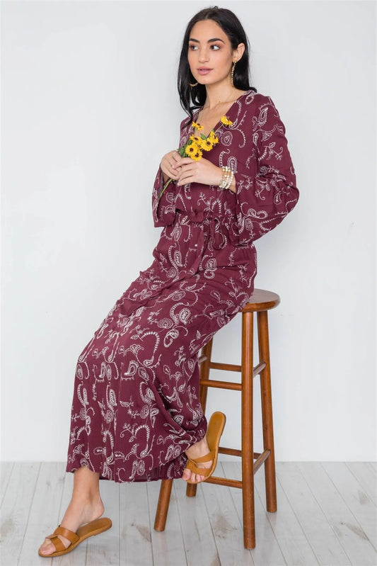 Burgundy Long Sleeve V-Neckline Floral Embroidery Boho Dress /3-2-1 - Tasha Apparel Wholesale