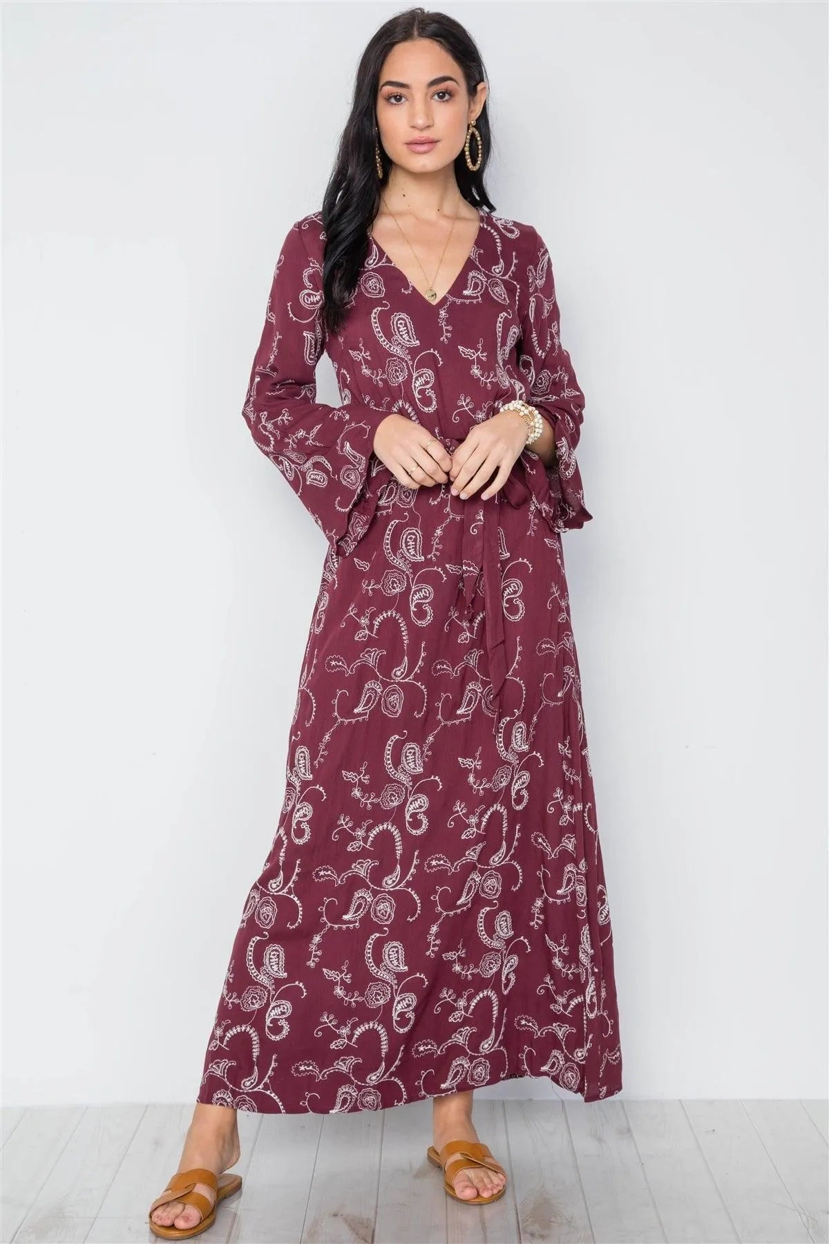 Burgundy Long Sleeve V-Neckline Floral Embroidery Boho Dress /3-2-1 - Tasha Apparel Wholesale