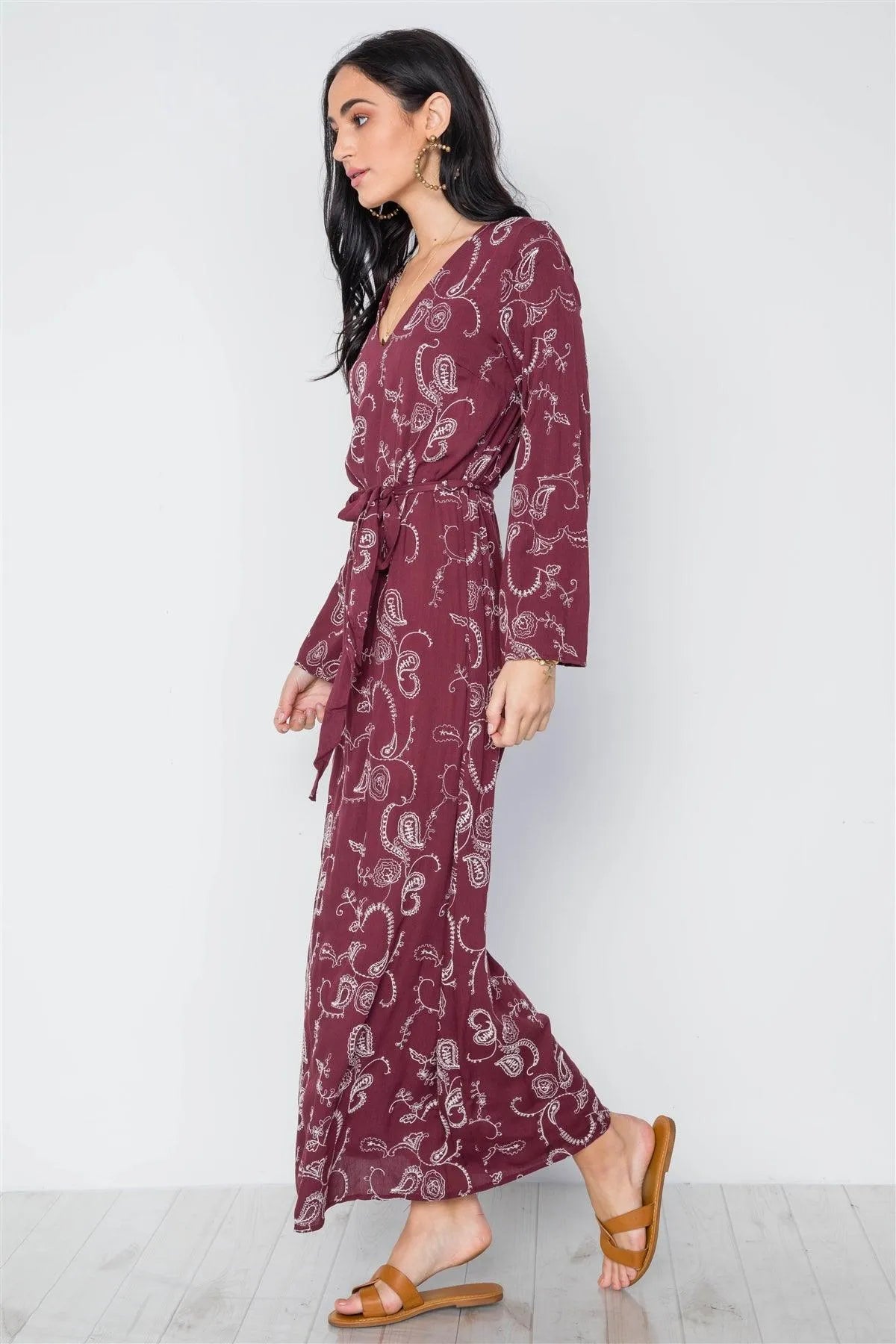 Burgundy Long Sleeve V-Neckline Floral Embroidery Boho Dress /3-2-1 - Tasha Apparel Wholesale