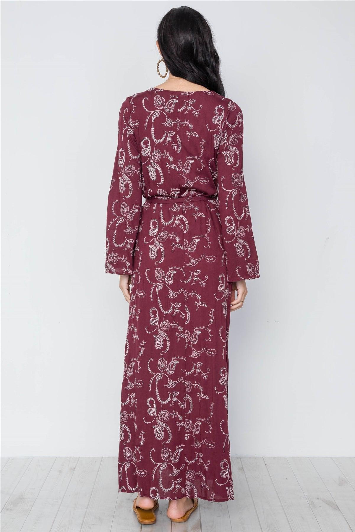 Burgundy Long Sleeve V-Neckline Floral Embroidery Boho Dress /3-2-1