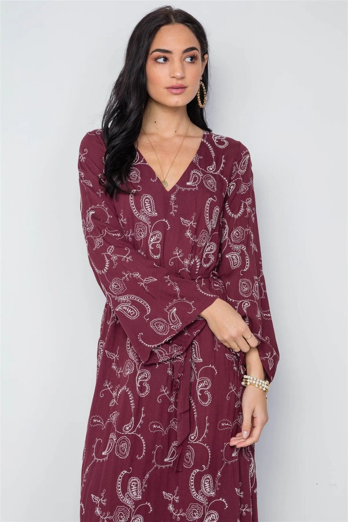 Burgundy Long Sleeve V-Neckline Floral Embroidery Boho Dress /3-2-1 - Tasha Apparel Wholesale