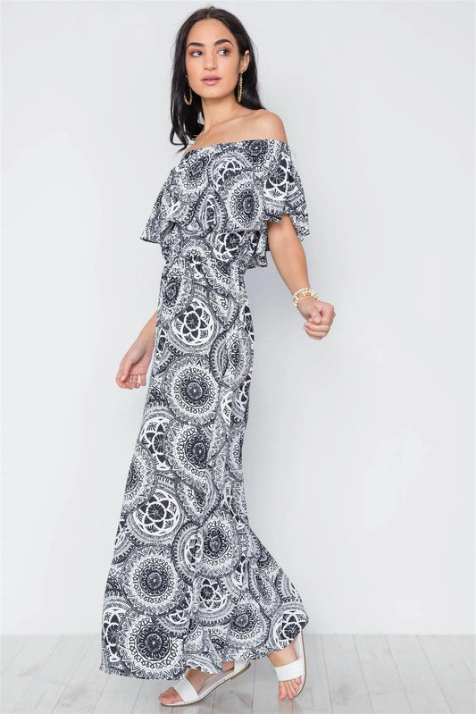 Multi Black Paisley Print Off-The Shoulder Flounce Maxi Dress /3-2-1 - Tasha Apparel Wholesale