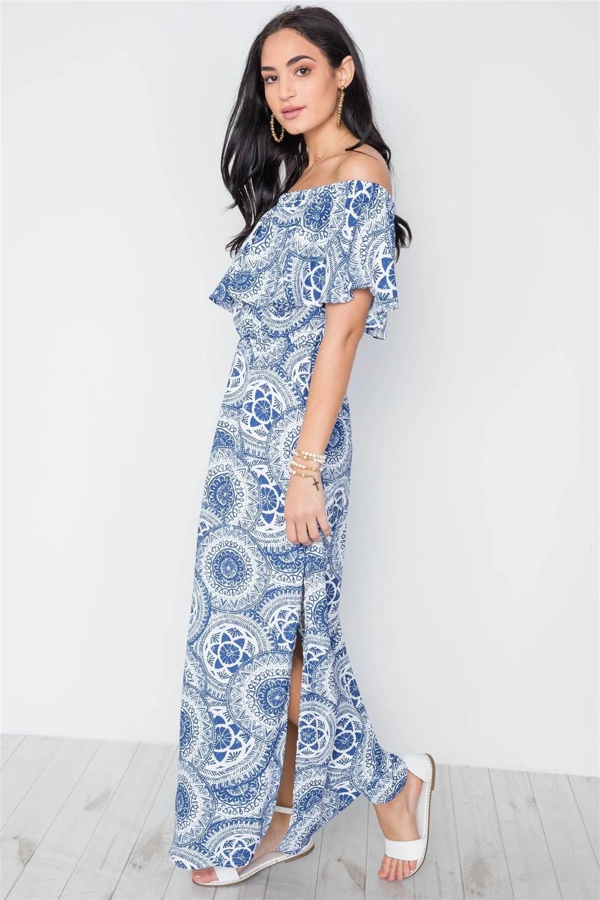Multi Blue Paisley Print Off-The Shoulder Flounce Maxi Dress /3-2-1 - Tasha Apparel Wholesale
