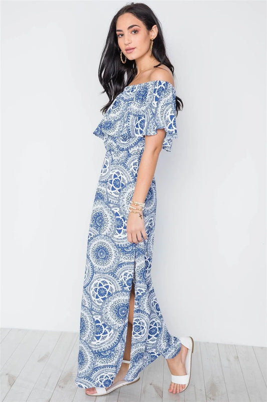 Multi Blue Paisley Print Off-The Shoulder Flounce Maxi Dress /3-2-1 - Tasha Apparel Wholesale