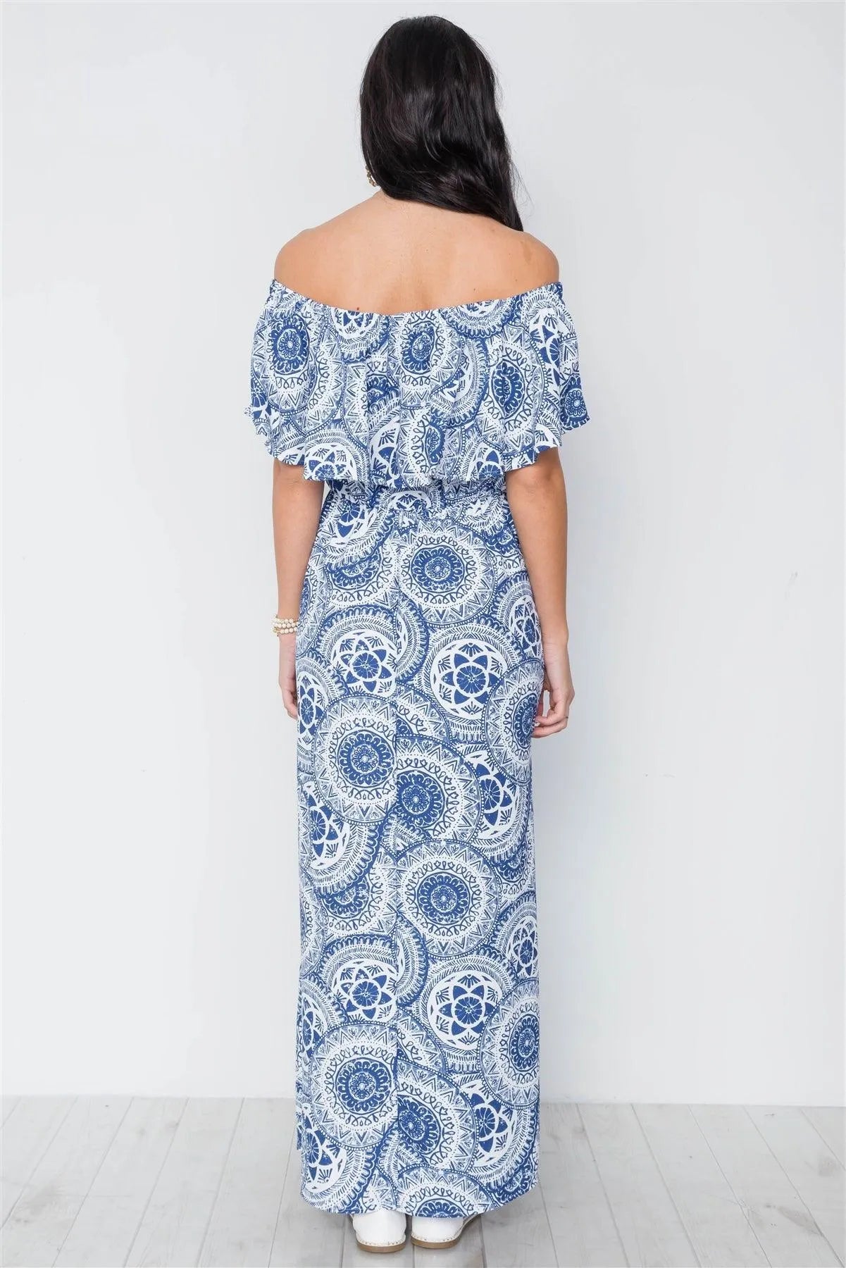 Multi Blue Paisley Print Off-The Shoulder Flounce Maxi Dress /3-2-1 - Tasha Apparel Wholesale