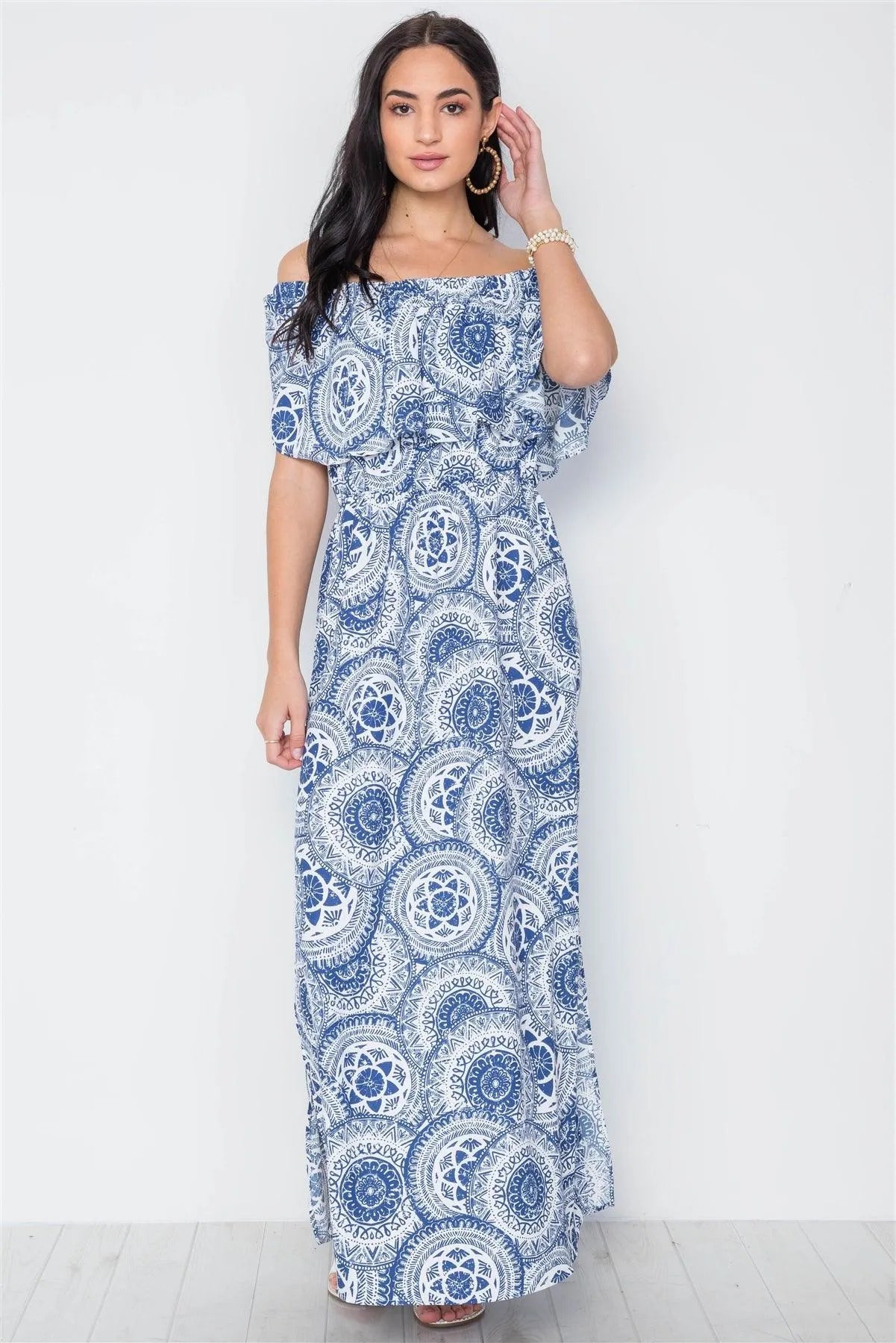 Multi Blue Paisley Print Off-The Shoulder Flounce Maxi Dress /3-2-1 - Tasha Apparel Wholesale