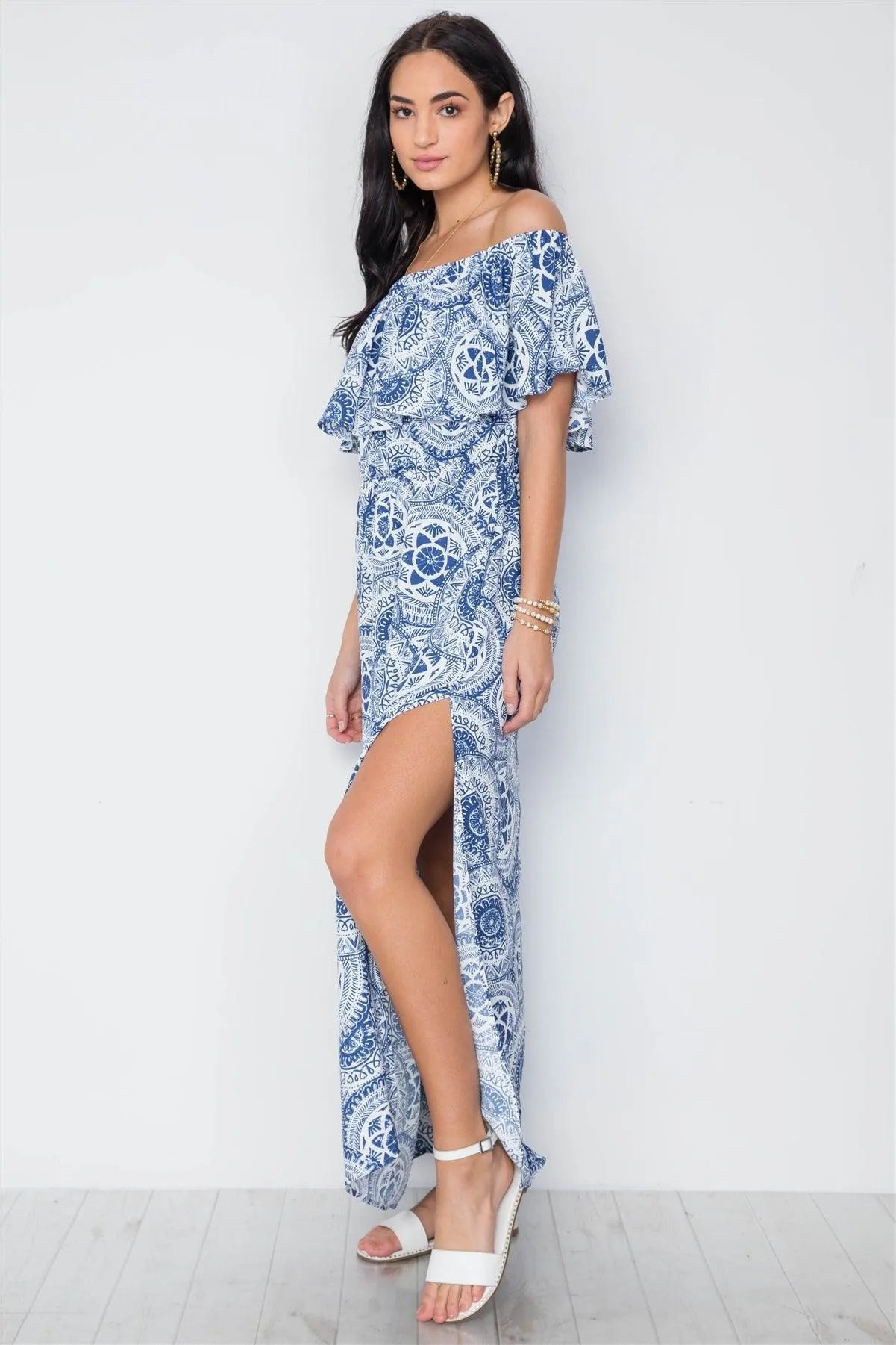 Multi Blue Paisley Print Off-The Shoulder Flounce Maxi Dress /3-2-1 - Tasha Apparel Wholesale