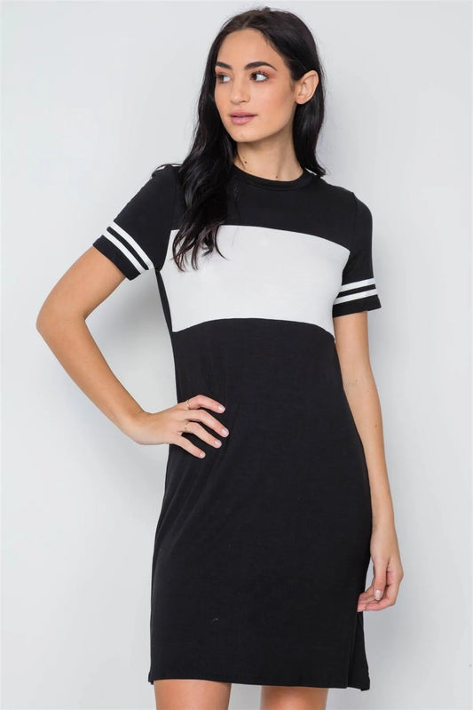 Black Color Block Short Sleeve Sporty Shirt Dress /3-2-1 - Tasha Apparel Wholesale