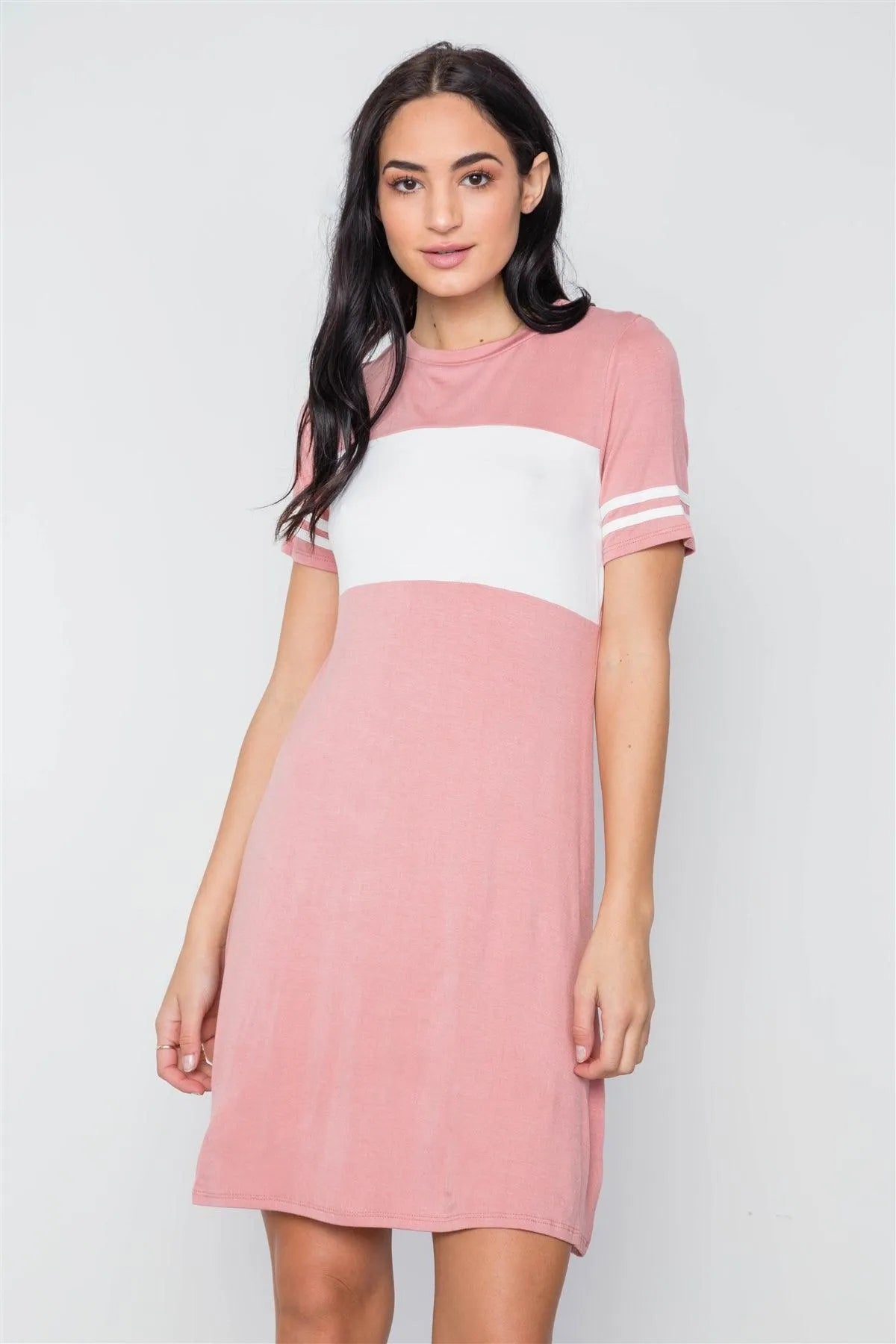 Mauve Color Block Short Sleeve Sporty Shirt Dress /3-2-1 - Tasha Apparel Wholesale