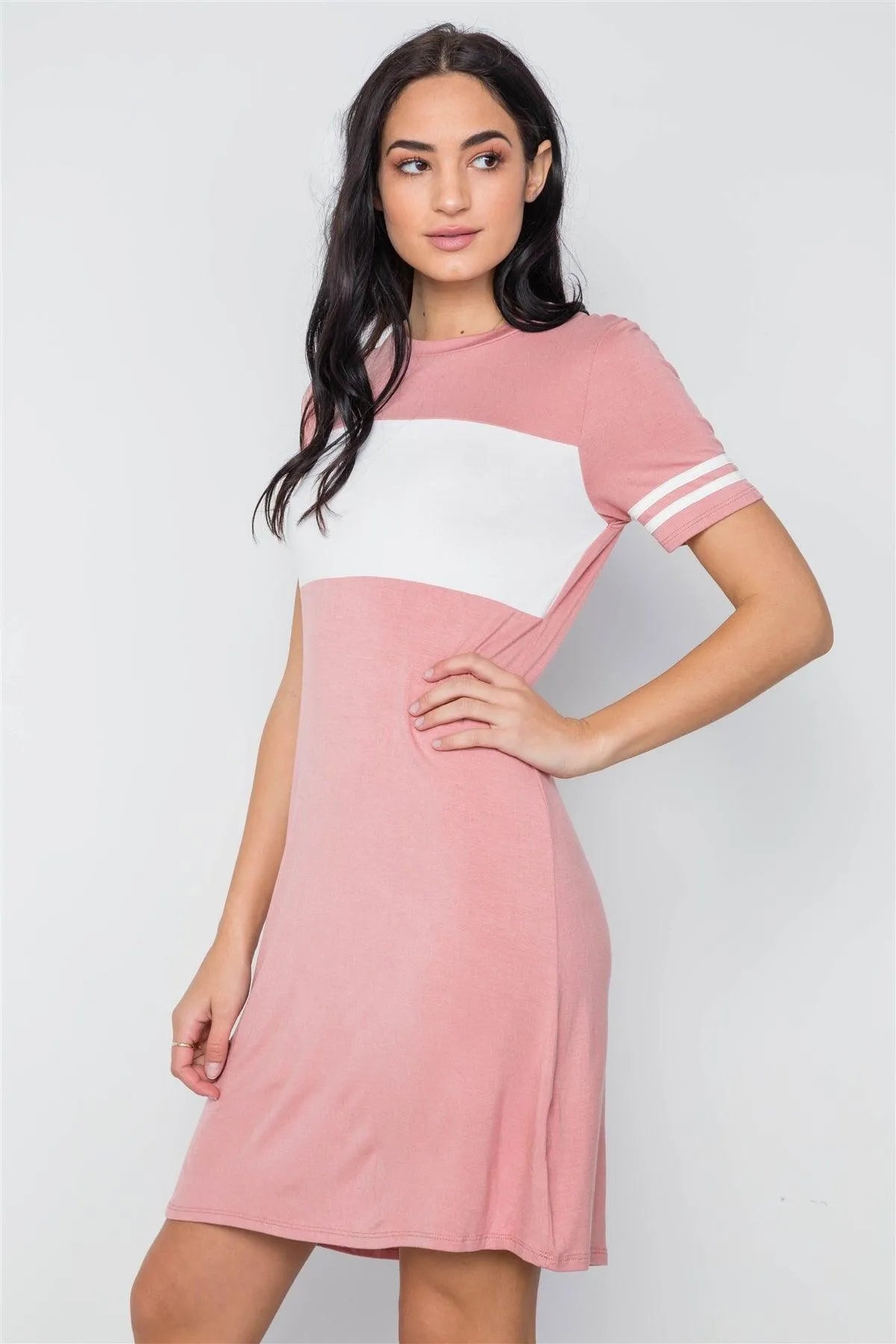 Mauve Color Block Short Sleeve Sporty Shirt Dress /3-2-1 - Tasha Apparel Wholesale
