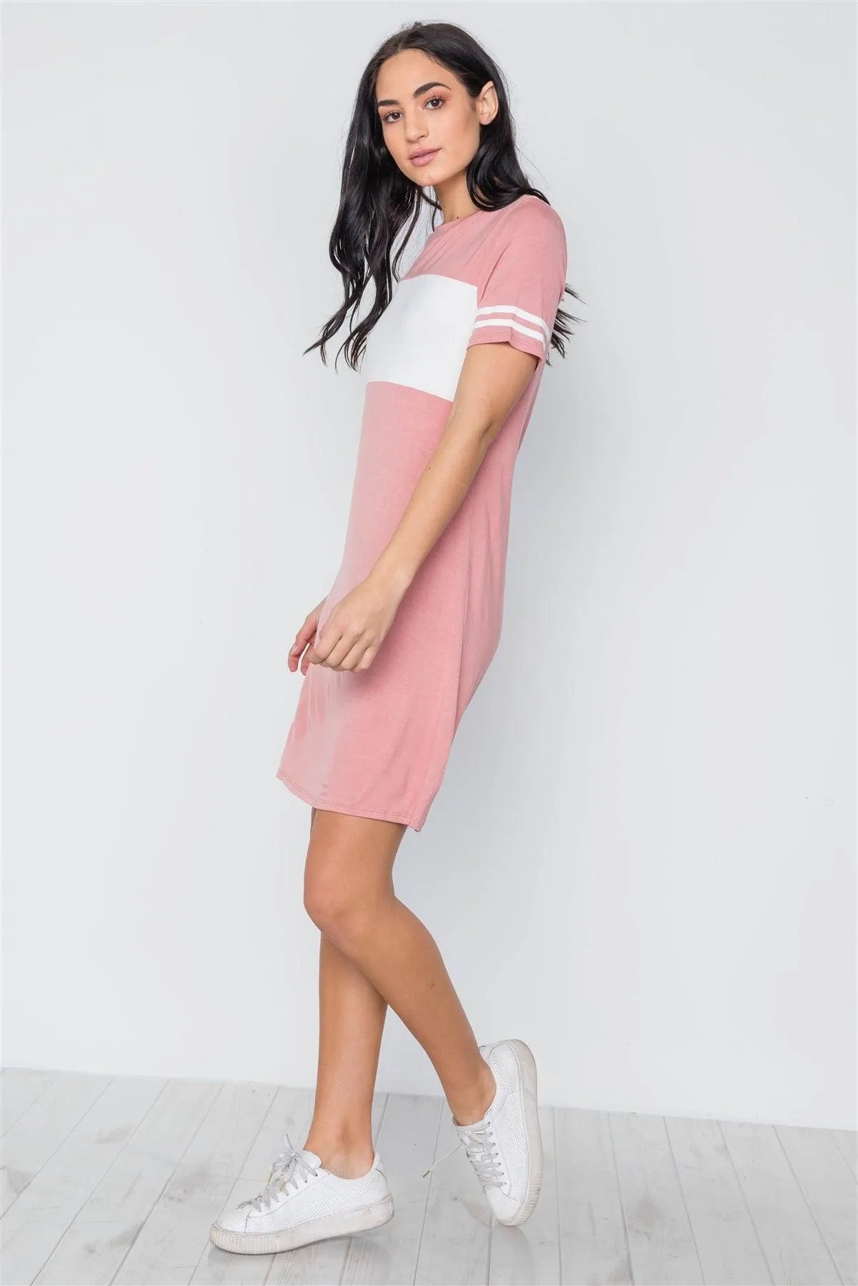 Mauve Color Block Short Sleeve Sporty Shirt Dress /3-2-1 - Tasha Apparel Wholesale