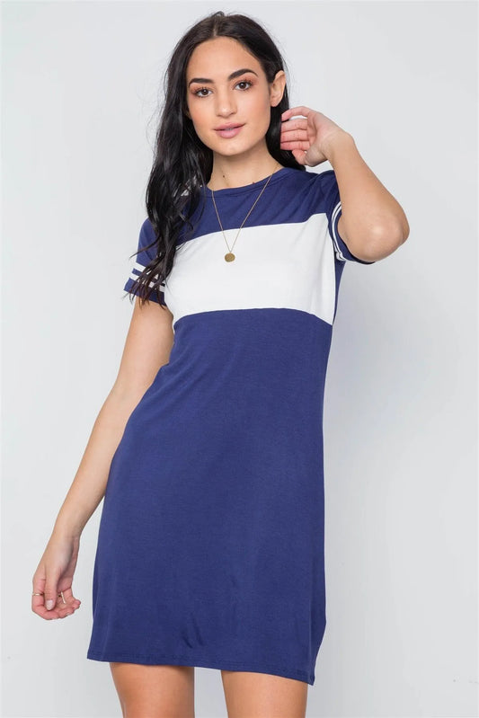 Navy Color Block Short Sleeve Sporty Shirt Dress /3-2-1 - Tasha Apparel Wholesale