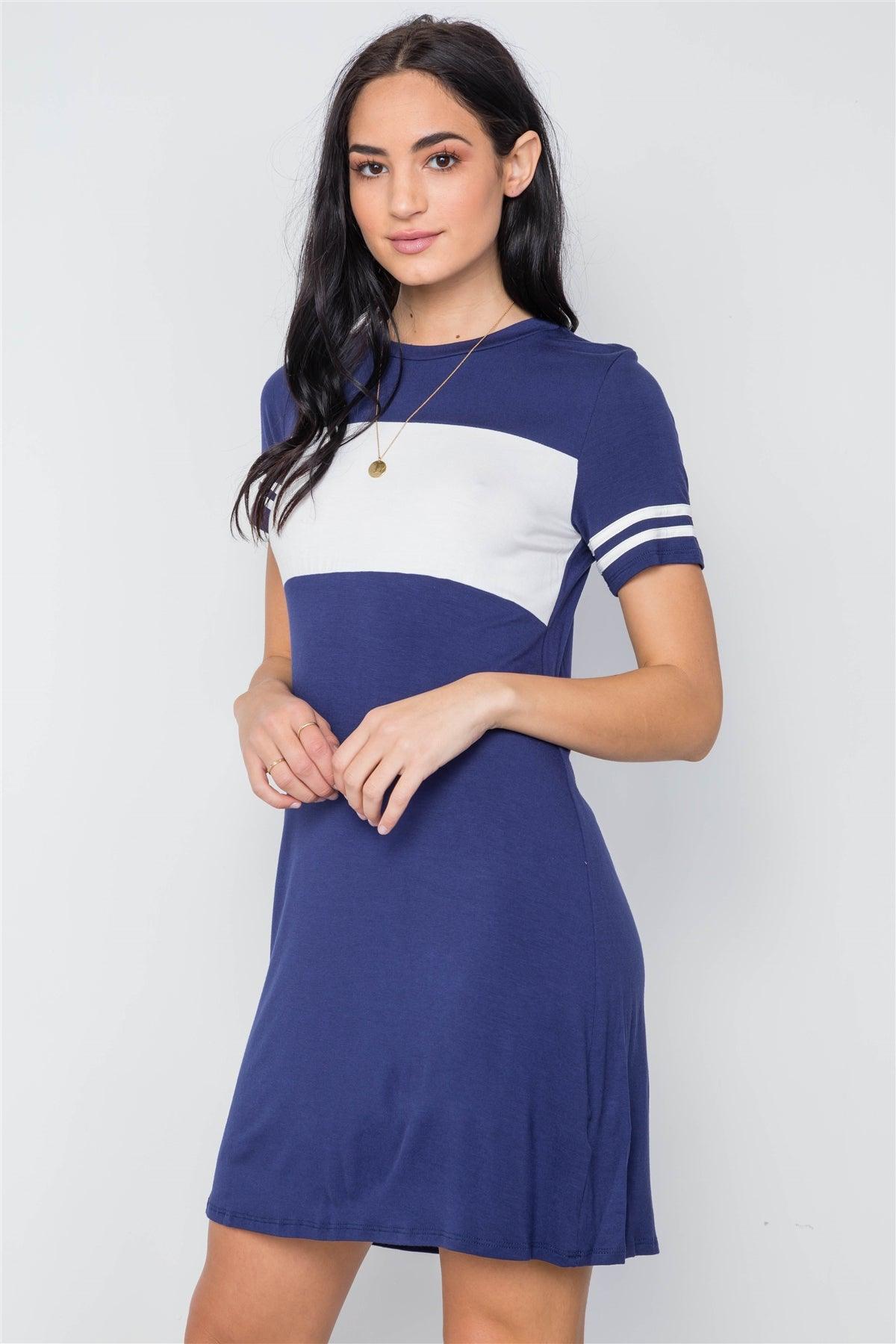 Navy Color Block Short Sleeve Sporty Shirt Dress /3-2-1