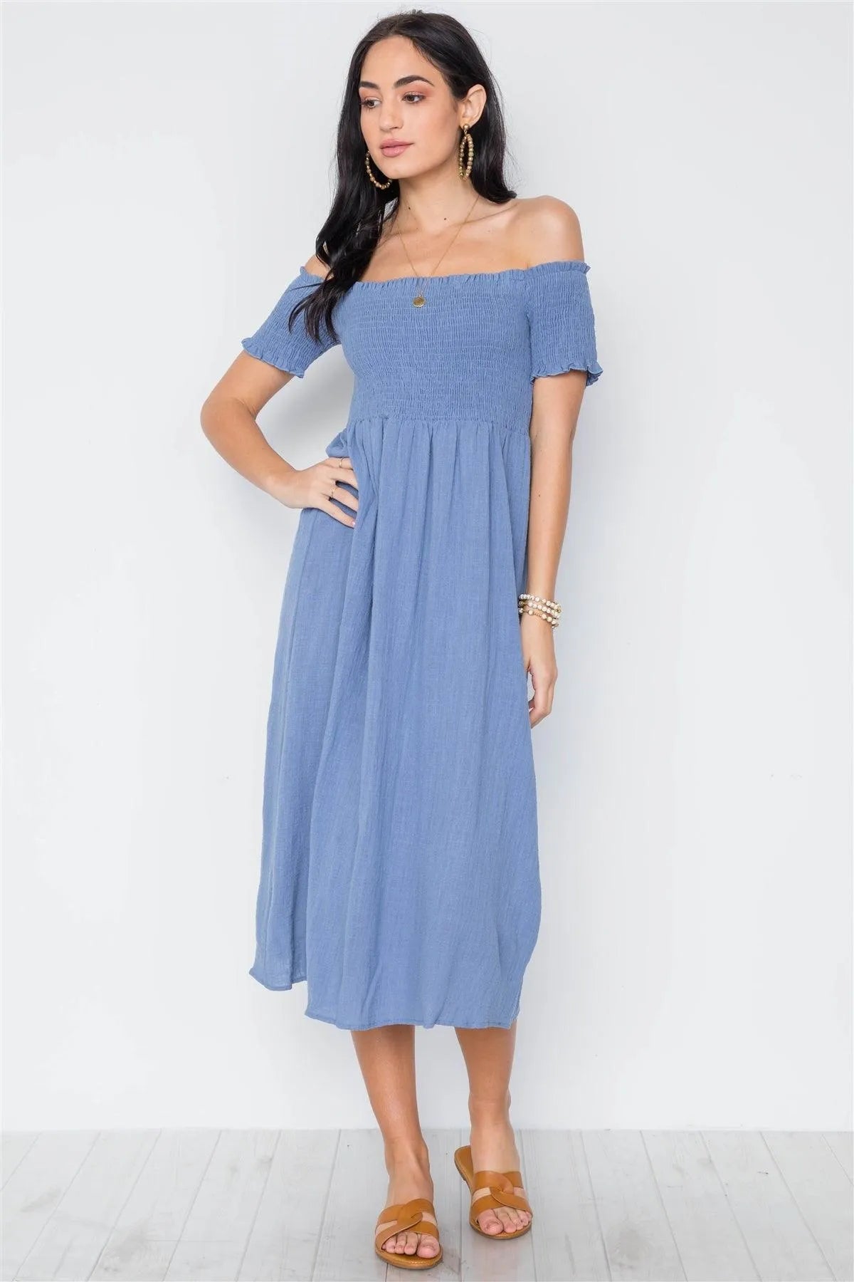 Blue Smoked Off-The Shoulder Short Sleeve Boho Dress /3-2-1 - Tasha Apparel Wholesale