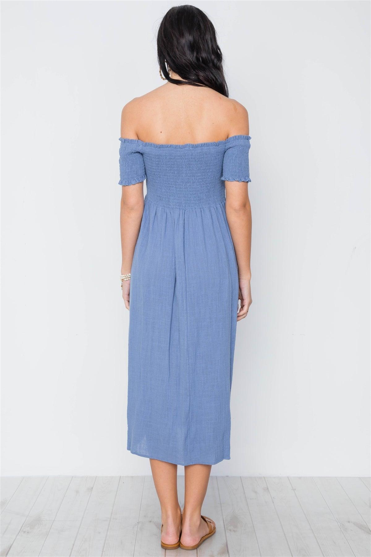 Blue Smoked Off-The Shoulder Short Sleeve Boho Dress /3-2-1