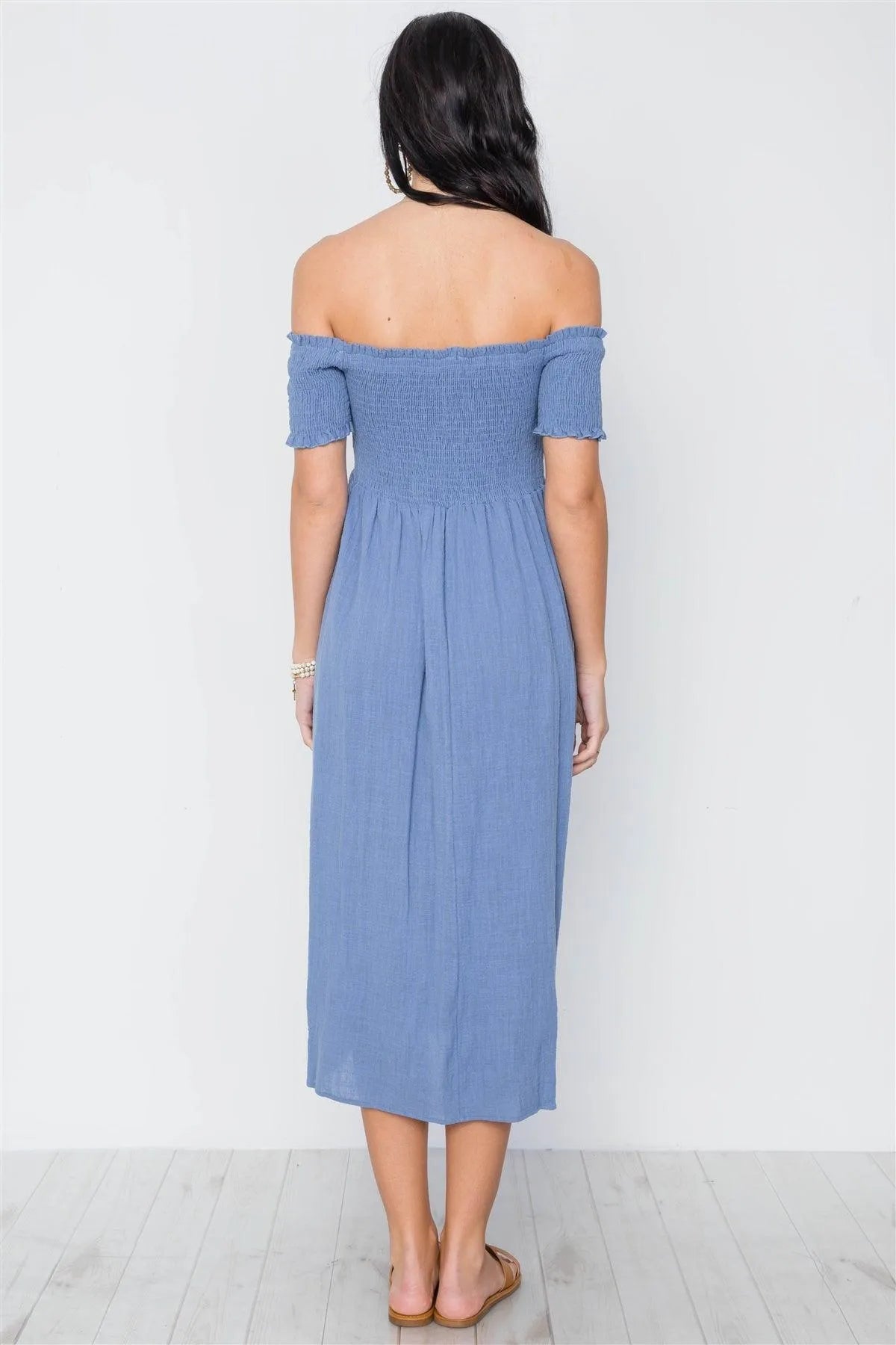 Blue Smoked Off-The Shoulder Short Sleeve Boho Dress /3-2-1 - Tasha Apparel Wholesale