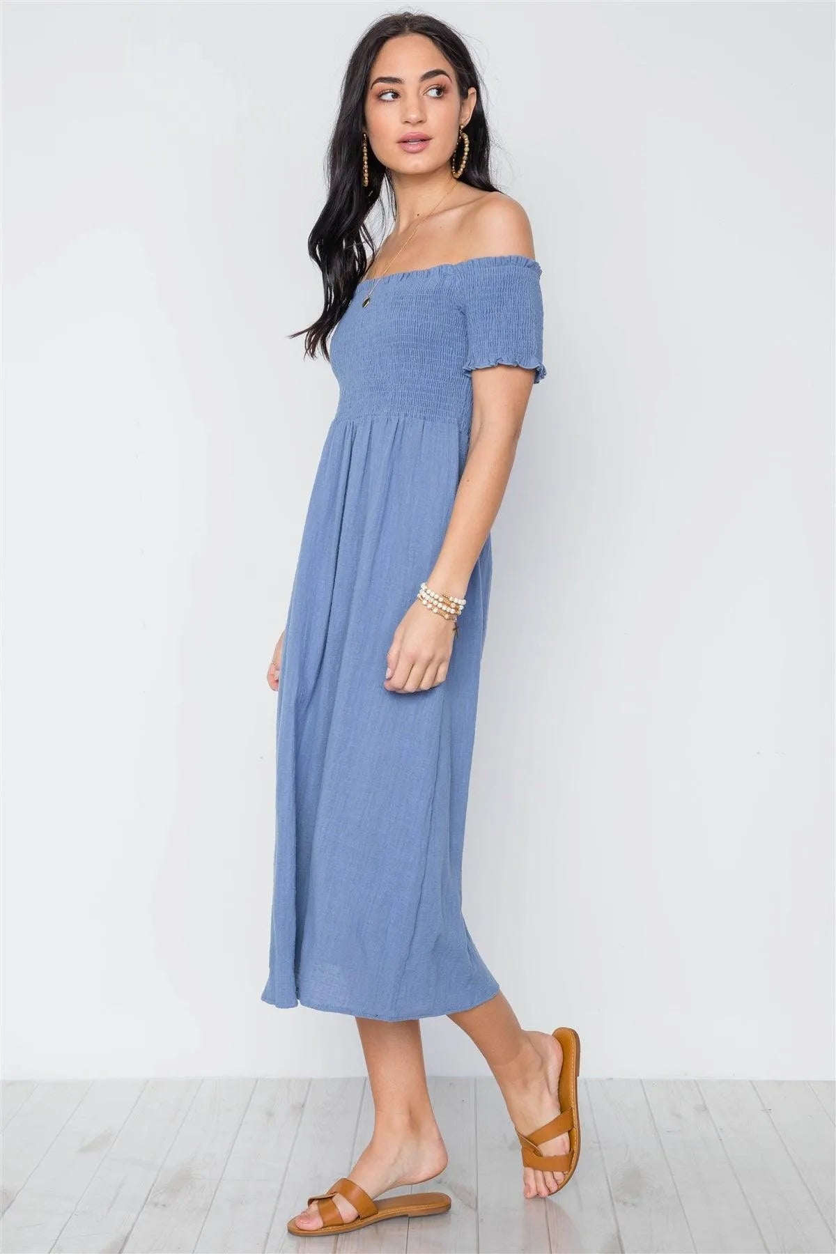 Blue Smoked Off-The Shoulder Short Sleeve Boho Dress /3-2-1 - Tasha Apparel Wholesale