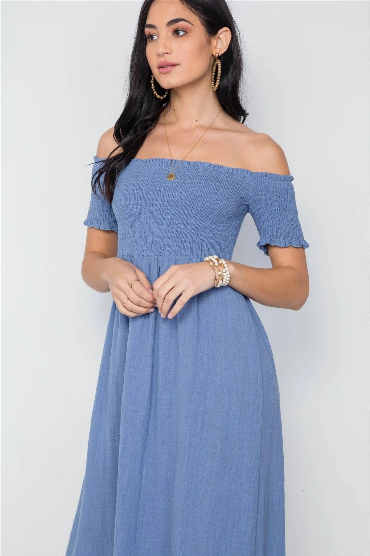 Blue Smoked Off-The Shoulder Short Sleeve Boho Dress /3-2-1 - Tasha Apparel Wholesale