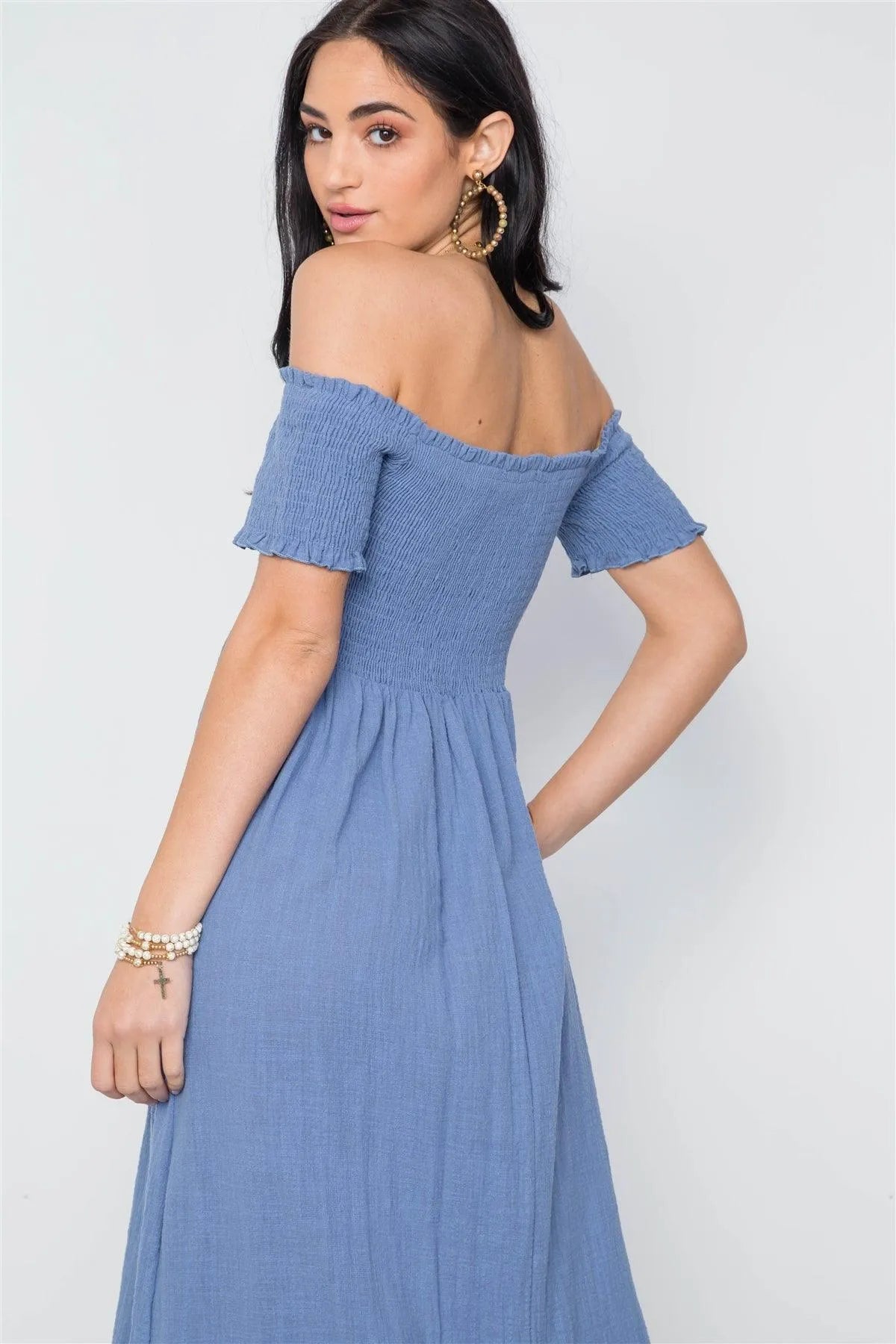 Blue Smoked Off-The Shoulder Short Sleeve Boho Dress /3-2-1 - Tasha Apparel Wholesale
