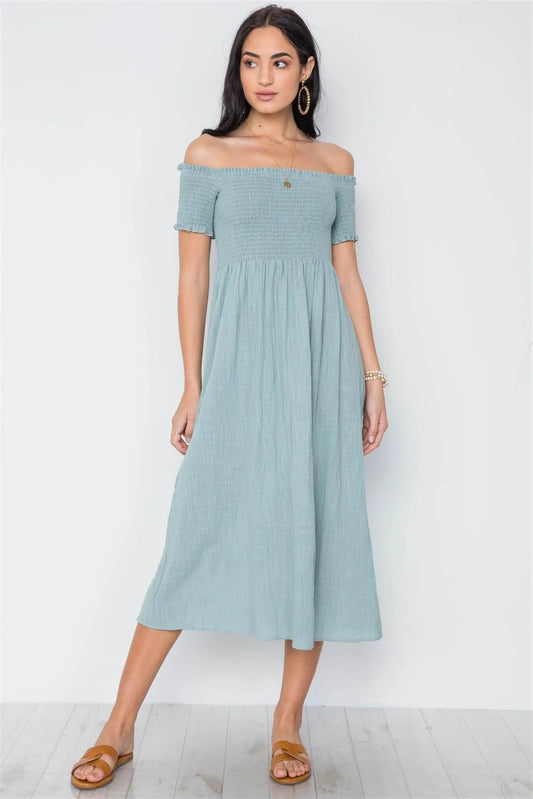 Mint Smoked Off-The Shoulder Short Sleeve Boho Dress /3-2-1 - Tasha Apparel Wholesale
