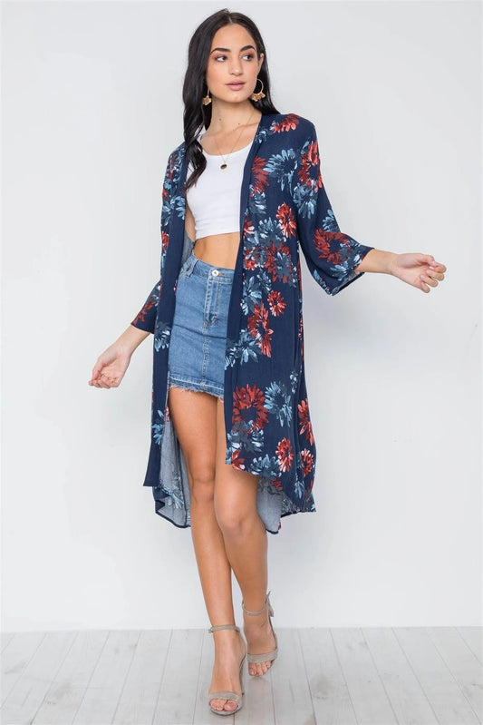 Navy Floral Print Side Pockets Cover Up Kimono /3-2-1 - Tasha Apparel Wholesale