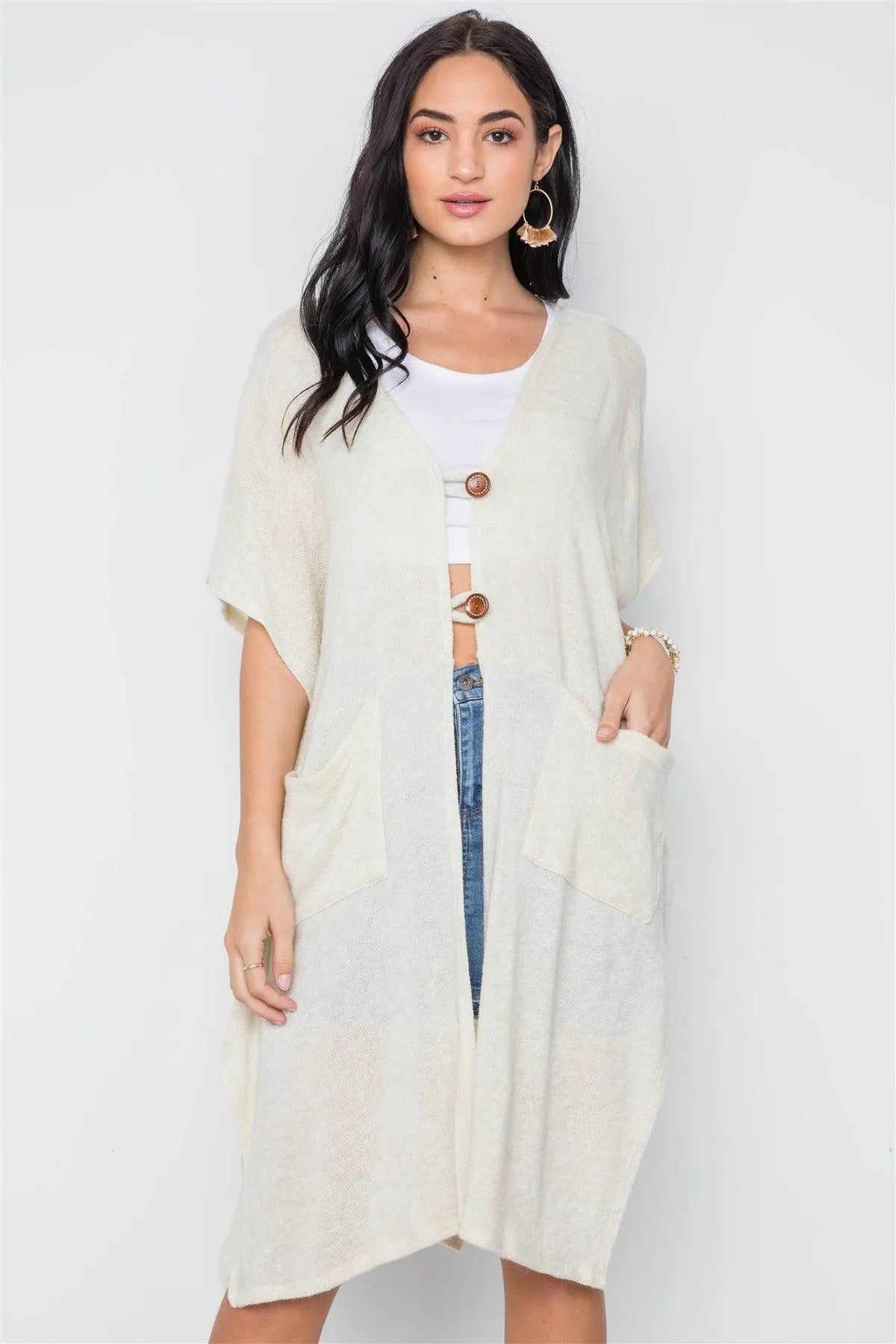 Cream Knit Side Tie Light Button Closure Cardigan /3-3 - Tasha Apparel Wholesale