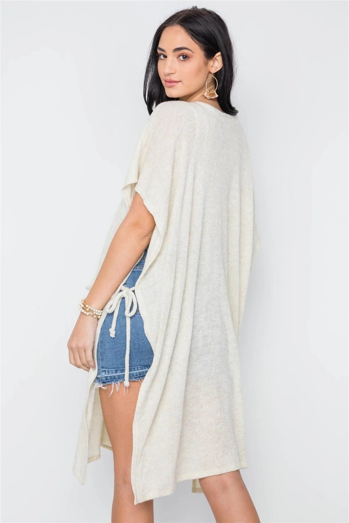 Cream Knit Side Tie Light Button Closure Cardigan /3-3 - Tasha Apparel Wholesale