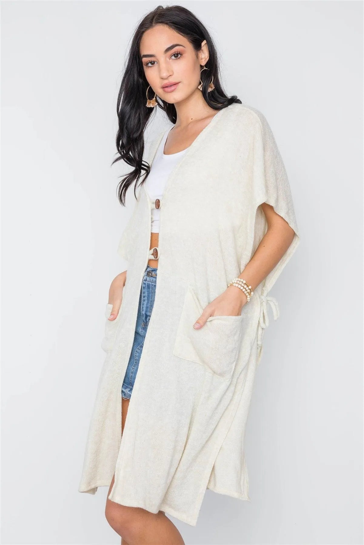 Cream Knit Side Tie Light Button Closure Cardigan /3-3 - Tasha Apparel Wholesale