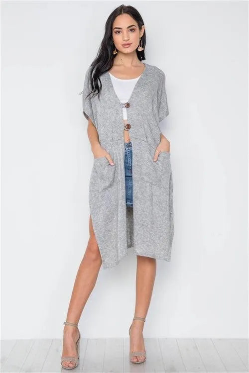 Grey Knit Side Tie Light Button Closure Cardigan /2-2 - Tasha Apparel Wholesale