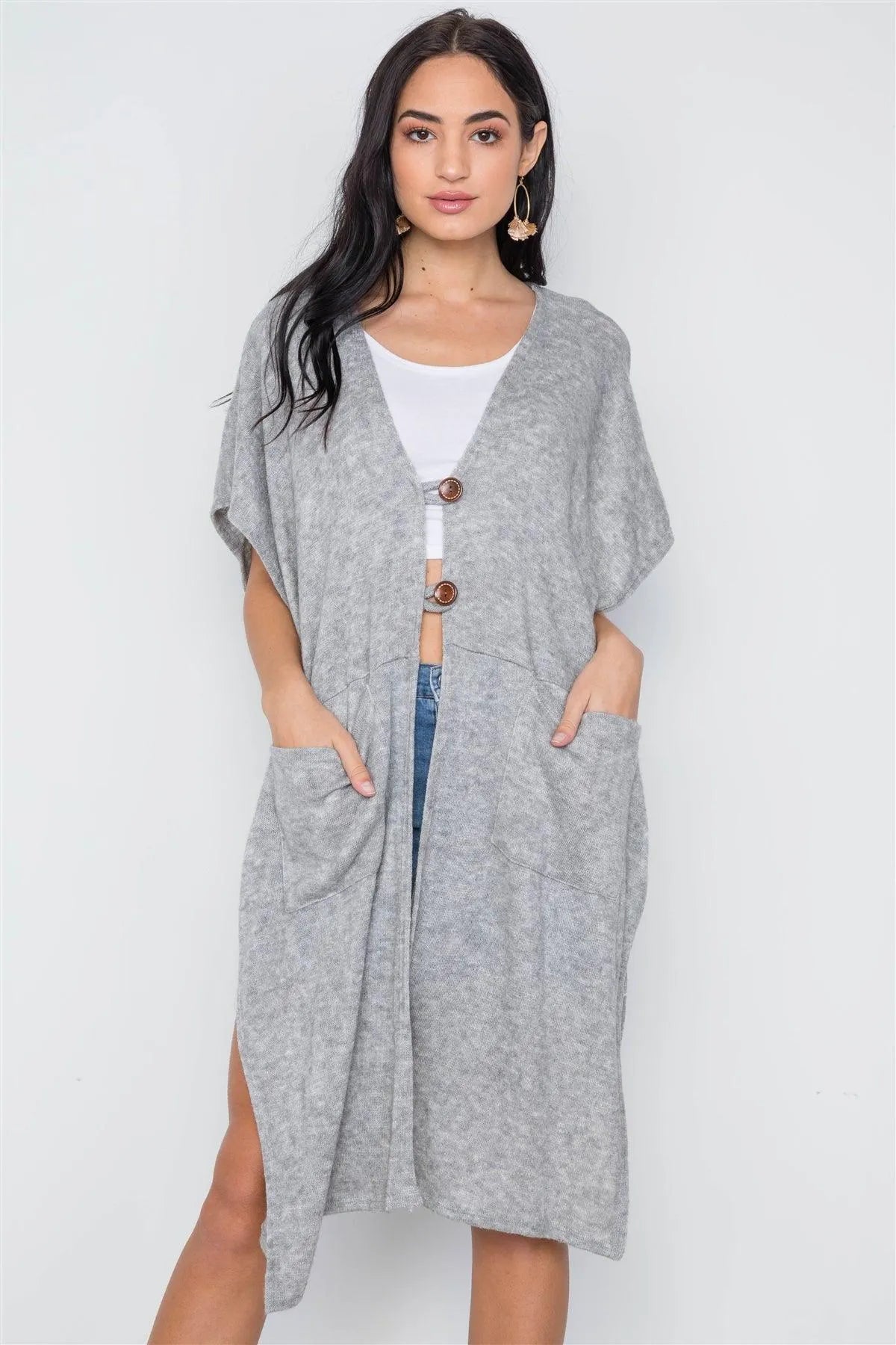 Grey Knit Side Tie Light Button Closure Cardigan /3-3 - Tasha Apparel Wholesale