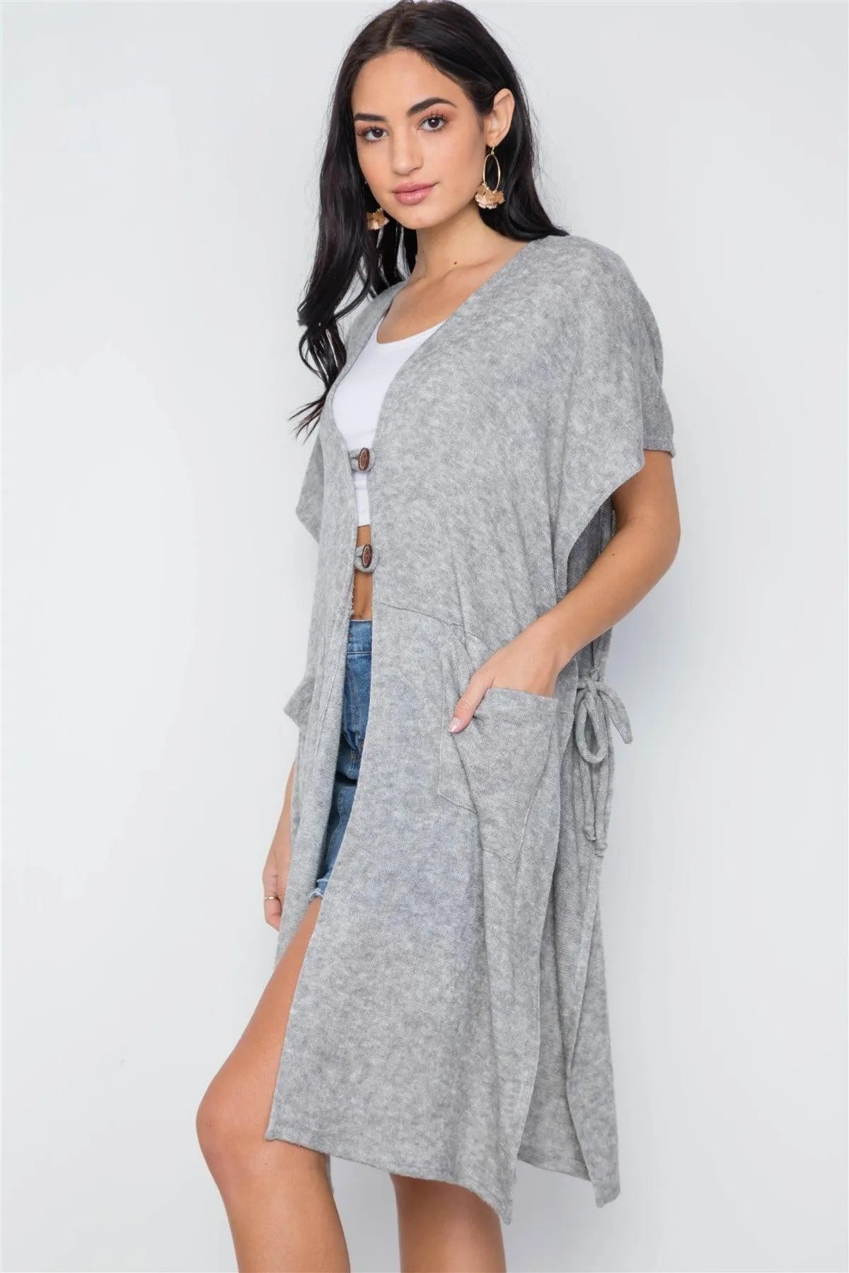 Grey Knit Side Tie Light Button Closure Cardigan /3-3 - Tasha Apparel Wholesale