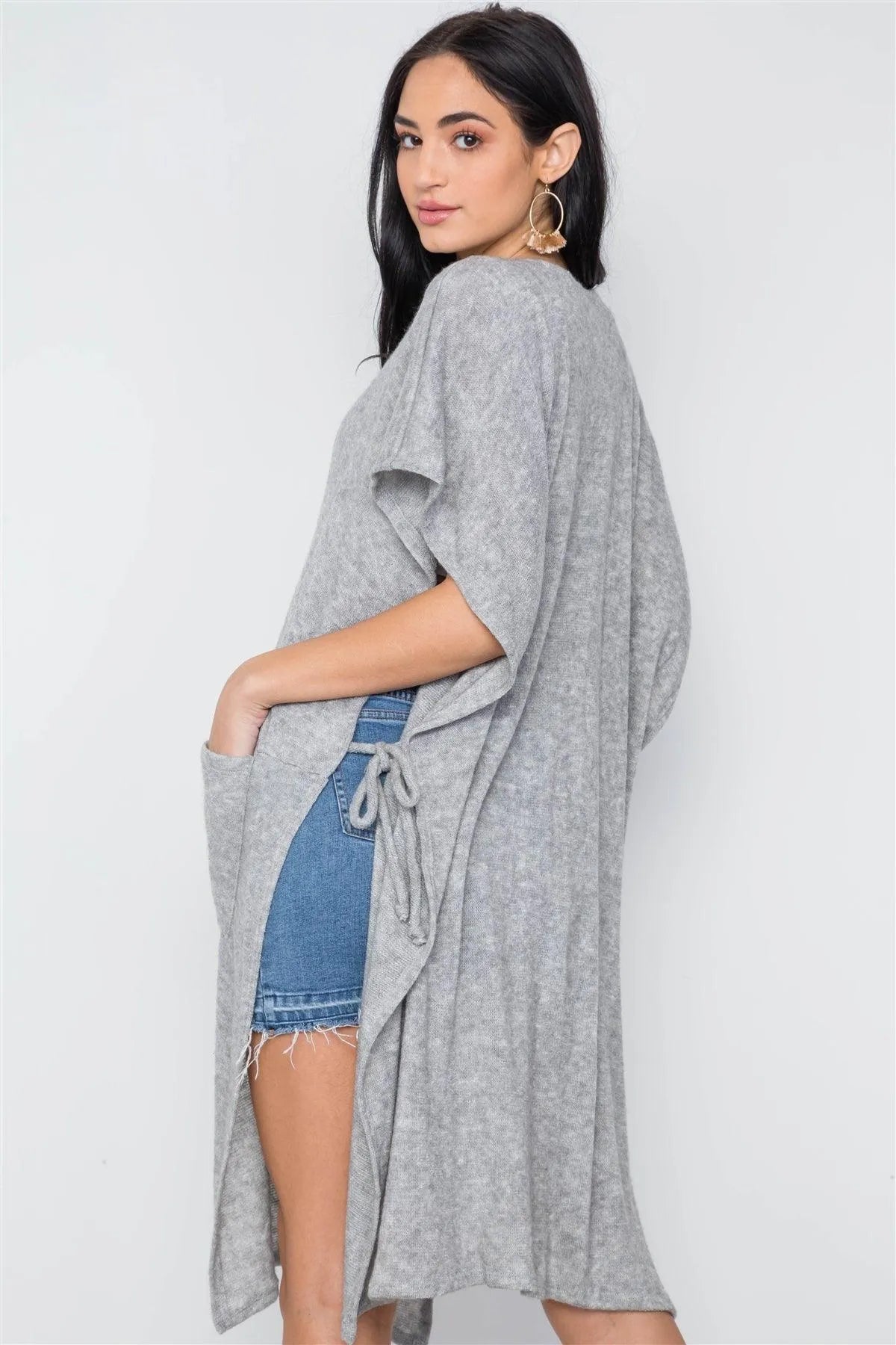 Grey Knit Side Tie Light Button Closure Cardigan /3-3 - Tasha Apparel Wholesale