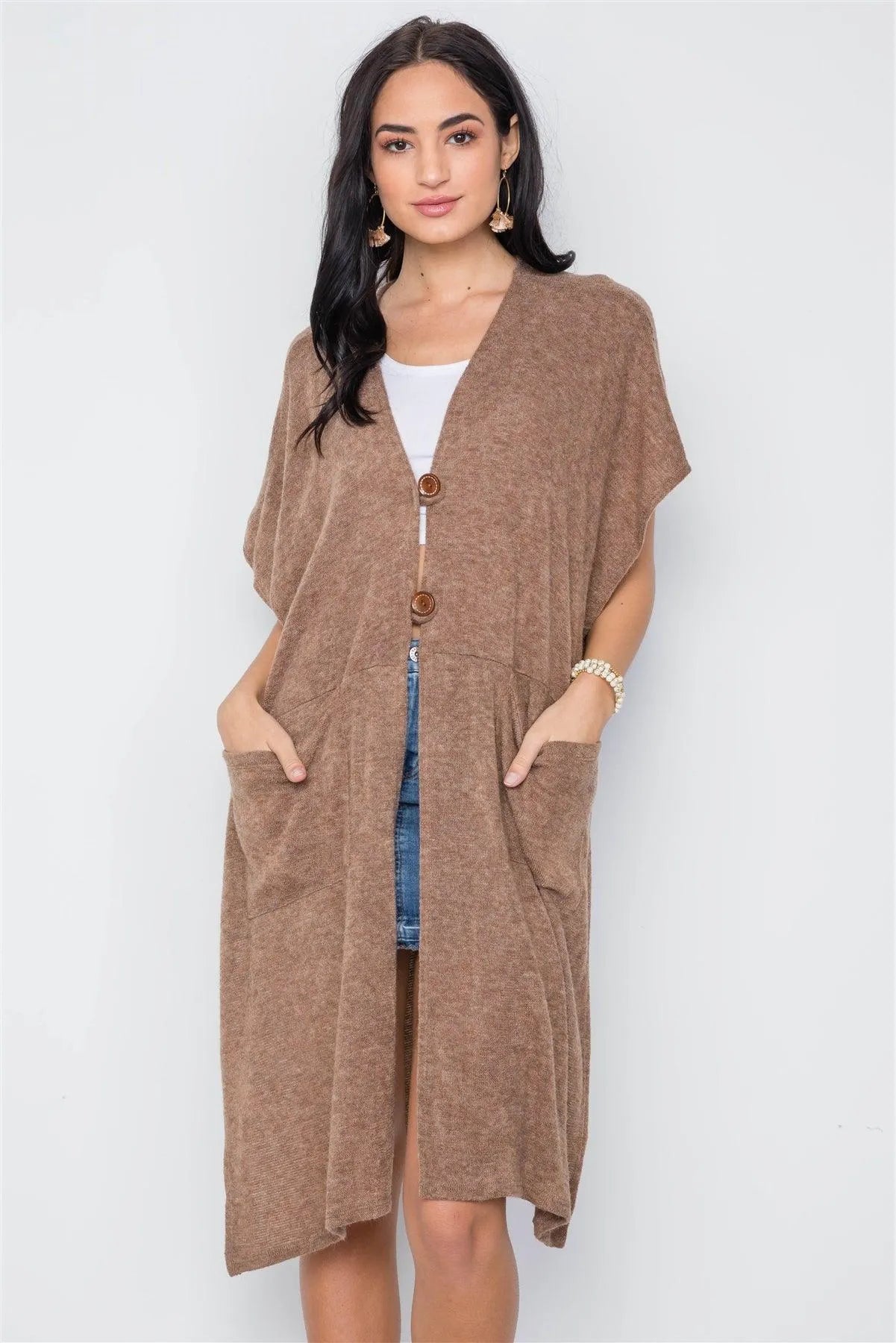 Mocha Knit Side Tie Light Button Closure Cardigan /3-3 - Tasha Apparel Wholesale