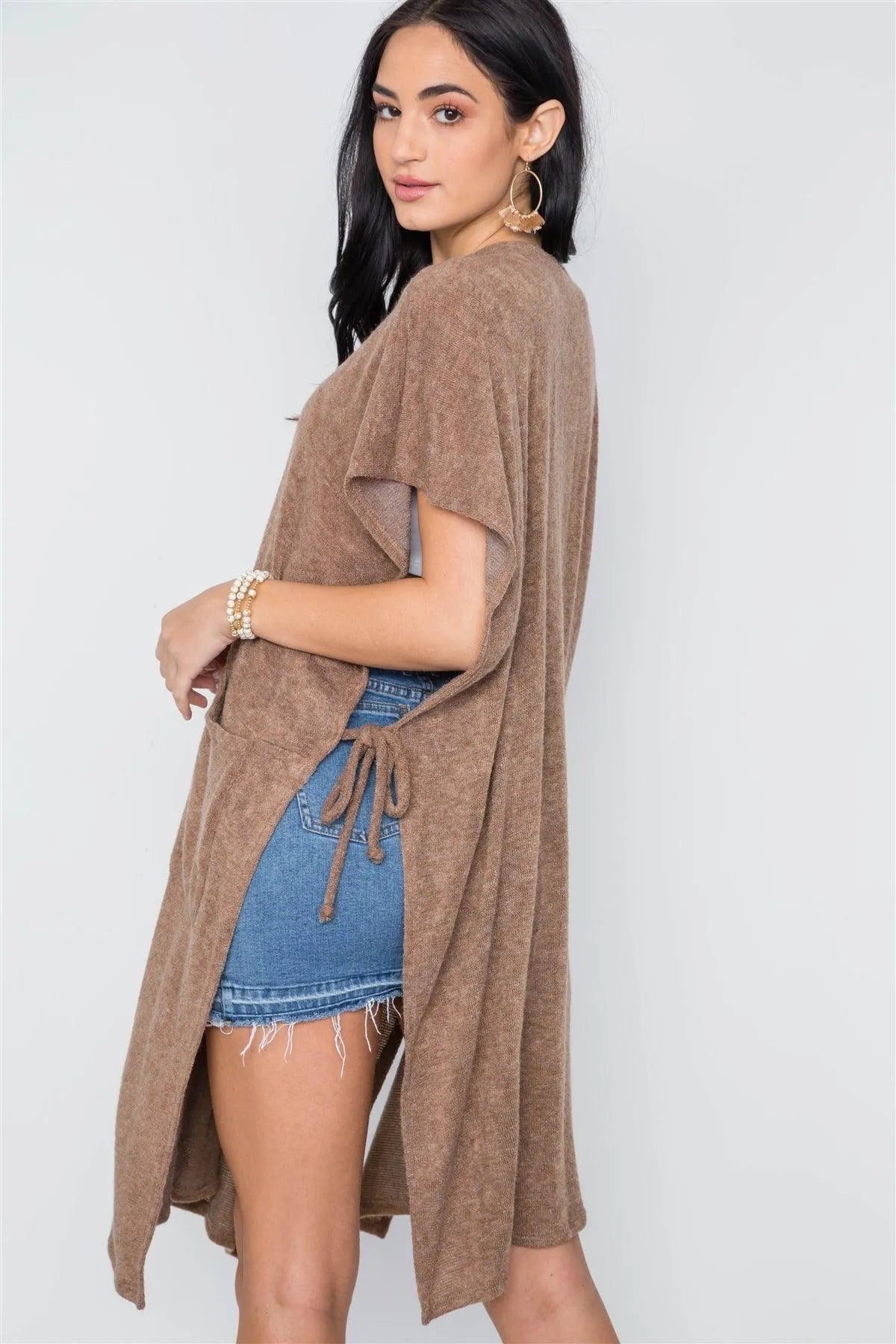 Mocha Knit Side Tie Light Button Closure Cardigan /3-3 - Tasha Apparel Wholesale