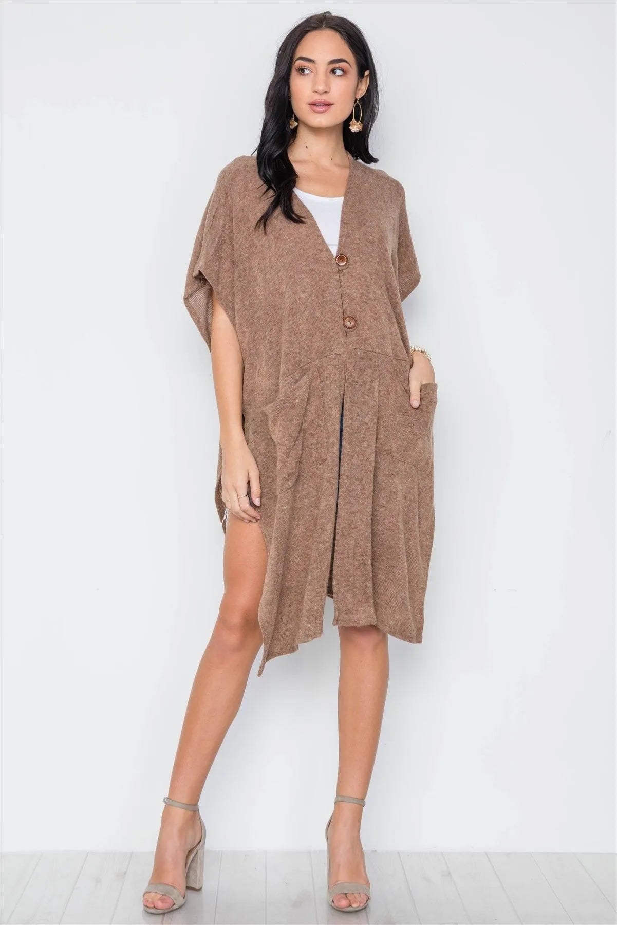 Mocha Knit Side Tie Light Button Closure Cardigan /3-3 - Tasha Apparel Wholesale