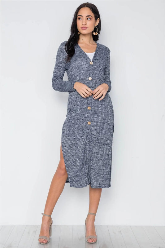 Navy Knit Light Long Sleeve Button Down Midi Cardigan /3-1 - Tasha Apparel Wholesale
