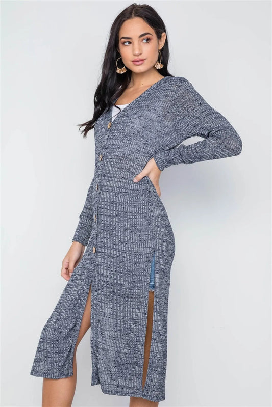 Navy Knit Light Long Sleeve Button Down Midi Cardigan /3-2-1 - Tasha Apparel Wholesale